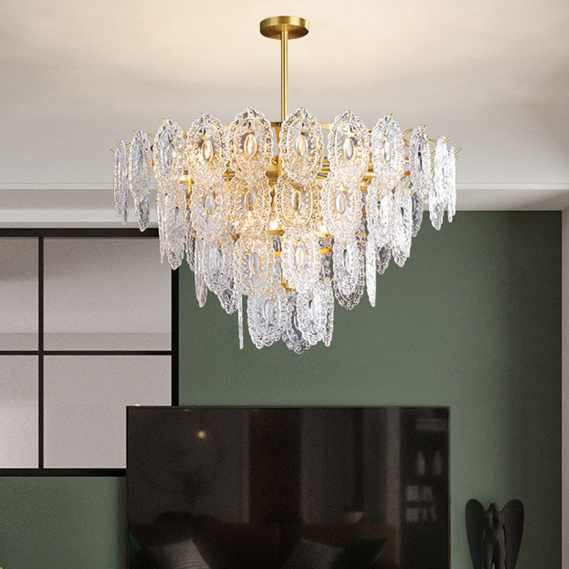 Scalloped Glass Chandelier - Modern Gold Pendant Light with 2/3/4 Tiers & 6/12/16 Bulbs for Dining Room Suspension