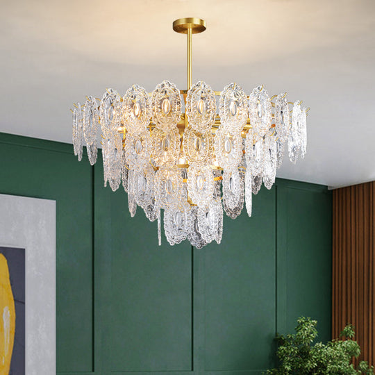 Scalloped Glass Chandelier - Modern Gold Pendant Light with 2/3/4 Tiers & 6/12/16 Bulbs for Dining Room Suspension