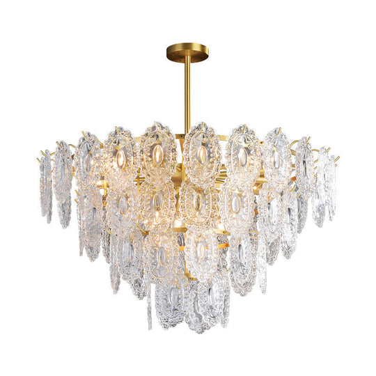 Scalloped Glass Chandelier - Modern Gold Pendant Light with 2/3/4 Tiers & 6/12/16 Bulbs for Dining Room Suspension