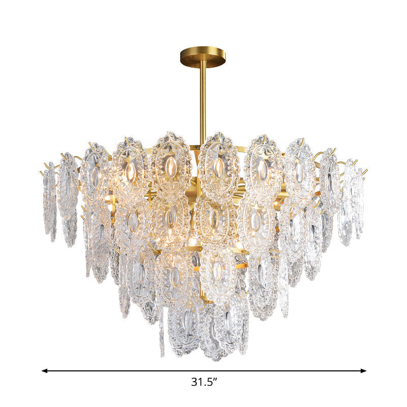 Scalloped Glass Chandelier - Modern Gold Pendant Light with 2/3/4 Tiers & 6/12/16 Bulbs for Dining Room Suspension