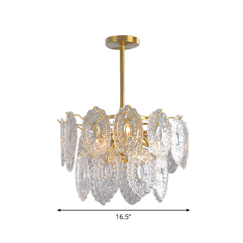 Scalloped Glass Chandelier - Modern Gold Pendant Light with 2/3/4 Tiers & 6/12/16 Bulbs for Dining Room Suspension