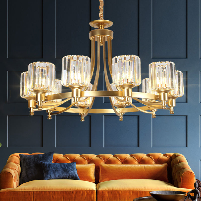 Postmodern Cylinder Chandelier - Prismatic Crystal Drop Lamp (8/10 Lights) - Black/Gold - Living Room