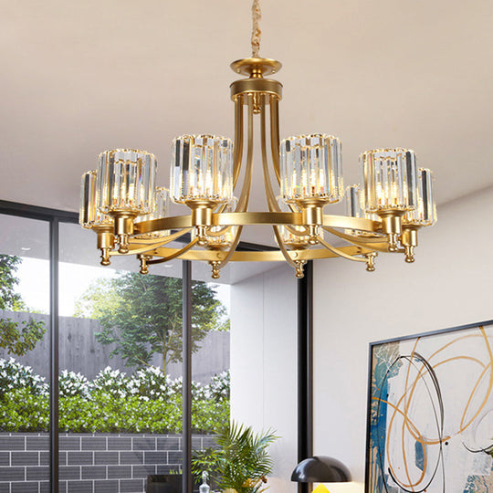 Postmodern Cylinder Chandelier 8/10-Light Prismatic Crystal Drop Lamp Black/Gold - Ideal For Living