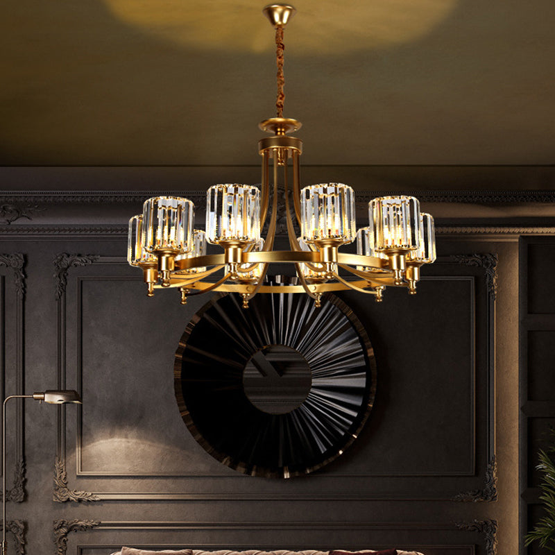 Postmodern Cylinder Chandelier - Prismatic Crystal Drop Lamp (8/10 Lights) - Black/Gold - Living Room