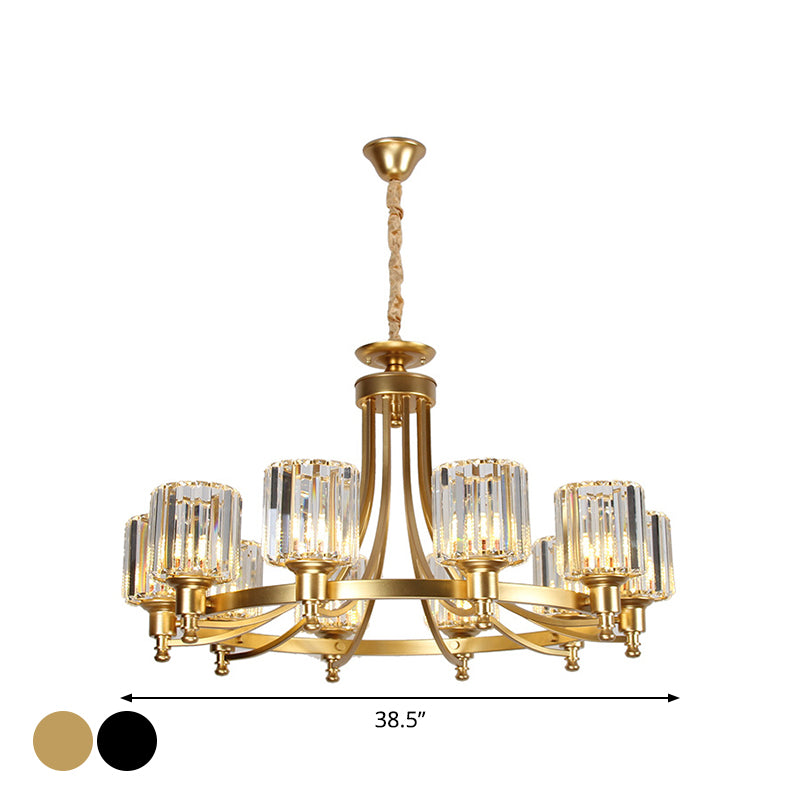 Postmodern Cylinder Chandelier - Prismatic Crystal Drop Lamp (8/10 Lights) - Black/Gold - Living Room