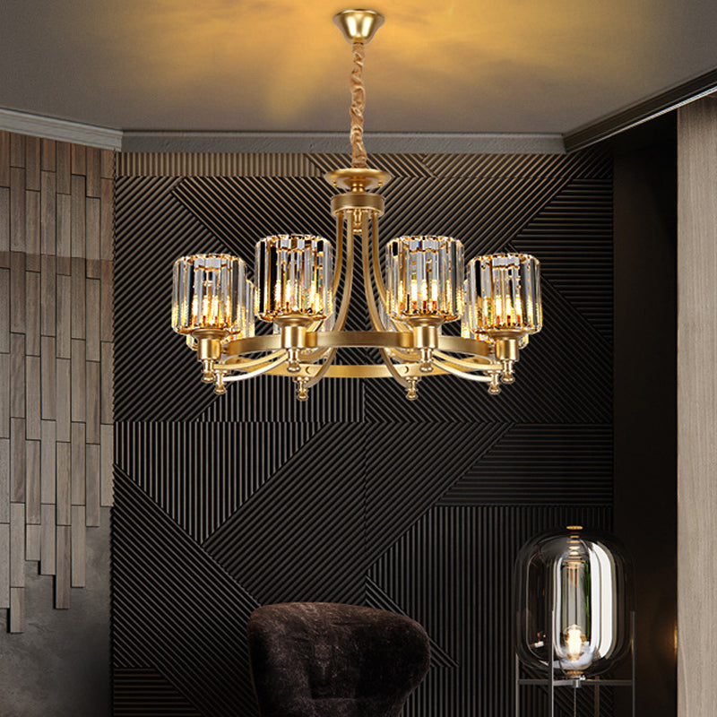 Postmodern Cylinder Chandelier - Prismatic Crystal Drop Lamp (8/10 Lights) - Black/Gold - Living Room