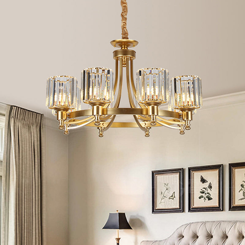 Postmodern Cylinder Chandelier 8/10-Light Prismatic Crystal Drop Lamp Black/Gold - Ideal For Living