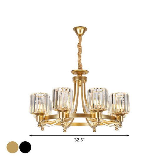 Postmodern Cylinder Chandelier - Prismatic Crystal Drop Lamp (8/10 Lights) - Black/Gold - Living Room