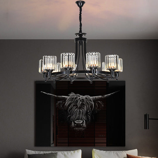 Postmodern Cylinder Chandelier - Prismatic Crystal Drop Lamp (8/10 Lights) - Black/Gold - Living Room