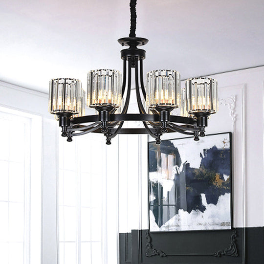 Postmodern Cylinder Chandelier - Prismatic Crystal Drop Lamp (8/10 Lights) - Black/Gold - Living Room