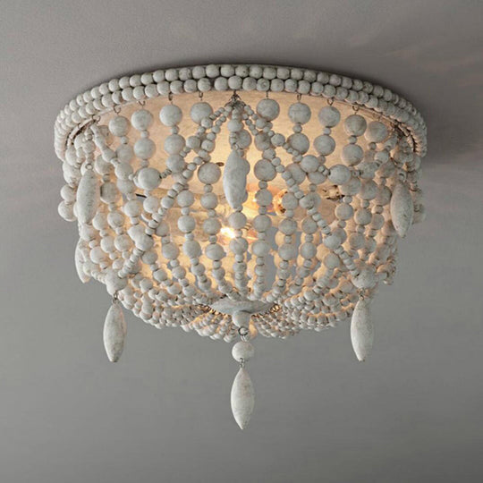 Distressed White Retro Beaded Flush Mount Light With 6 Heads- Wood Close To Ceiling Lamp / Small