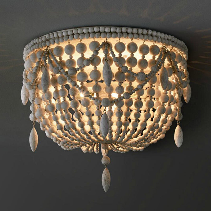 Distressed White Retro Beaded Flush Mount Light With 6 Heads- Wood Close To Ceiling Lamp