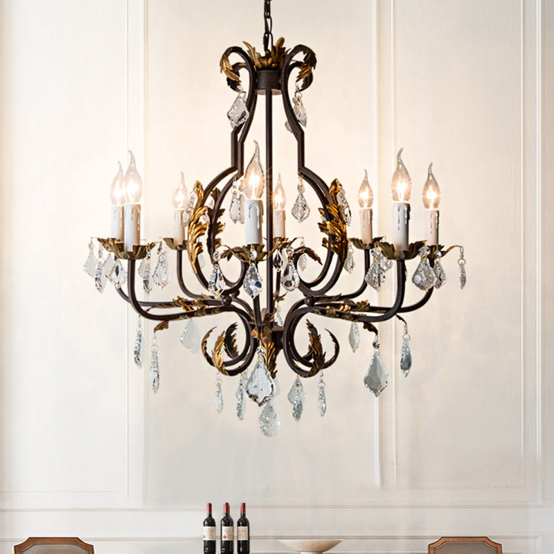 Rustic Wood Chandelier Lamp With Crystal Accent - Swooping Arm Pendant Light For Traditional Living