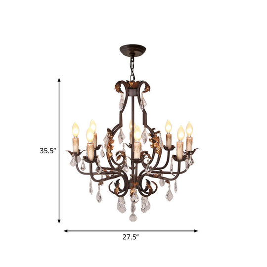 Rustic Wood Chandelier Lamp With Crystal Accent - Swooping Arm Pendant Light For Traditional Living