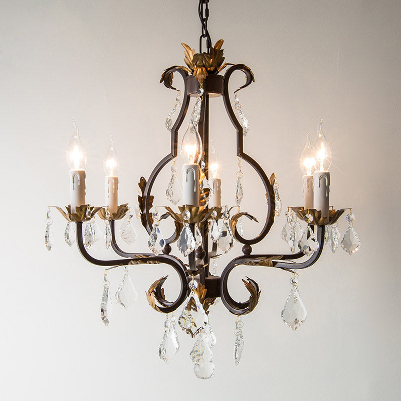 Rustic Wood Chandelier Lamp With Crystal Accent - Swooping Arm Pendant Light For Traditional Living