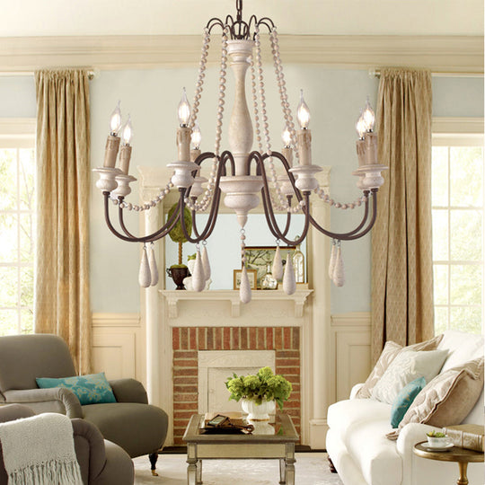 Rustic Scrolled Arm Pendant Light: Distressed Wood Chandelier For Living Room