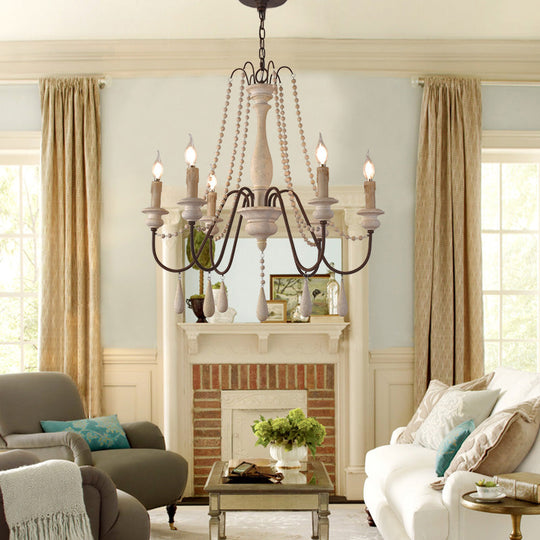 Rustic Scrolled Arm Pendant Light: Distressed Wood Chandelier For Living Room