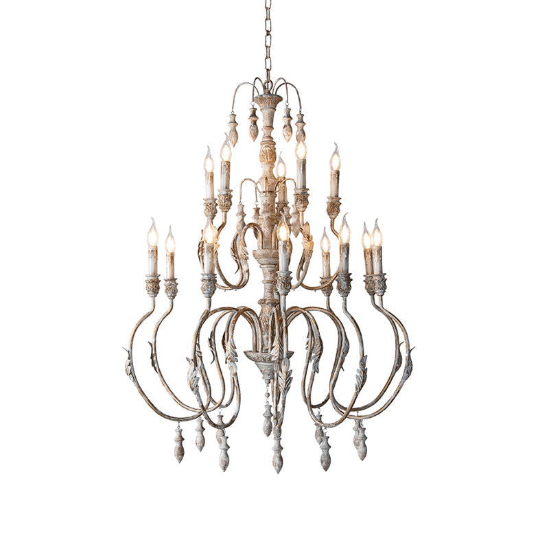 Distressed Wood Pendant Chandelier With Droplet - Classic Lighting For Living Room