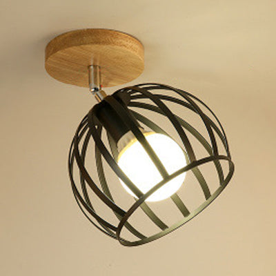 1 Head Semi Flush Mount Industrial Ceiling Light with Rotatable Globe/Barn Shade and Wooden Canopy - Black