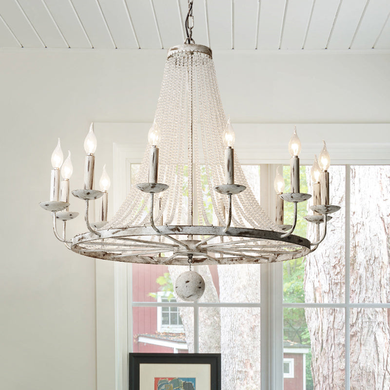 Rustic Wood Bead Chandelier With Clear Crystals - Vintage Wagon Wheel Pendant Light For Living Room