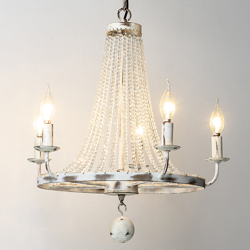 Rustic Wood Bead Chandelier With Clear Crystals - Vintage Wagon Wheel Pendant Light For Living Room