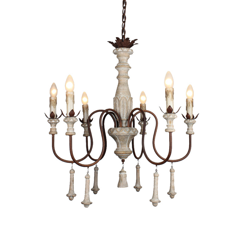 Country Distressed Wood Pendant Chandelier With Scrolled Arm - Living Room Hanging Light Kit