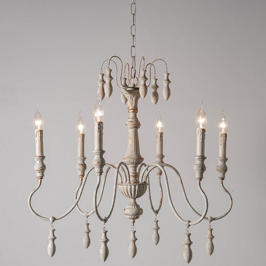 Country Distressed White Wood Chandelier Lighting - 6 Heads Swooping Arm Ceiling-Hung