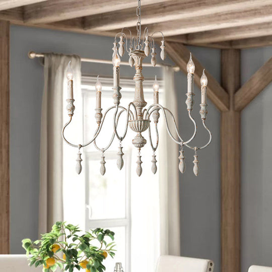 Country Distressed White Wood Chandelier Lighting - 6 Heads Swooping Arm Ceiling-Hung