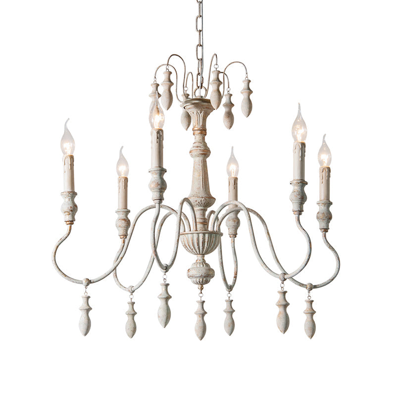 Country Distressed White Wood Chandelier Lighting - 6 Heads Swooping Arm Ceiling-Hung