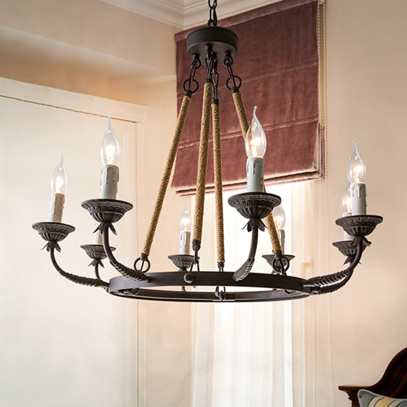 Retro Rustic Candelabra Chandelier With Hemp Rope Cord - Perfect For Living Room Pendant Lighting