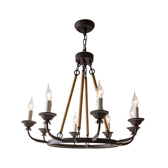 Retro Rustic Candelabra Chandelier With Hemp Rope Cord - Perfect For Living Room Pendant Lighting