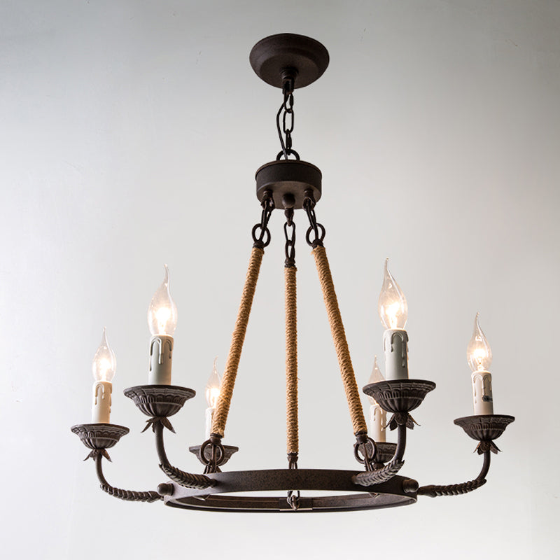 Retro Rustic Candelabra Chandelier With Hemp Rope Cord - Perfect For Living Room Pendant Lighting