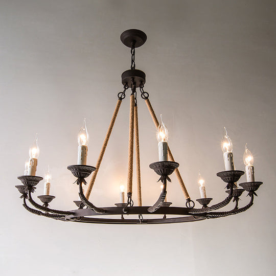 Retro Rustic Candelabra Chandelier With Hemp Rope Cord - Perfect For Living Room Pendant Lighting