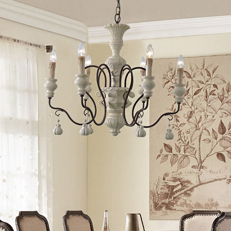 Iron White Pendant Chandelier With Curved Arms - Traditional Style For Dining Room