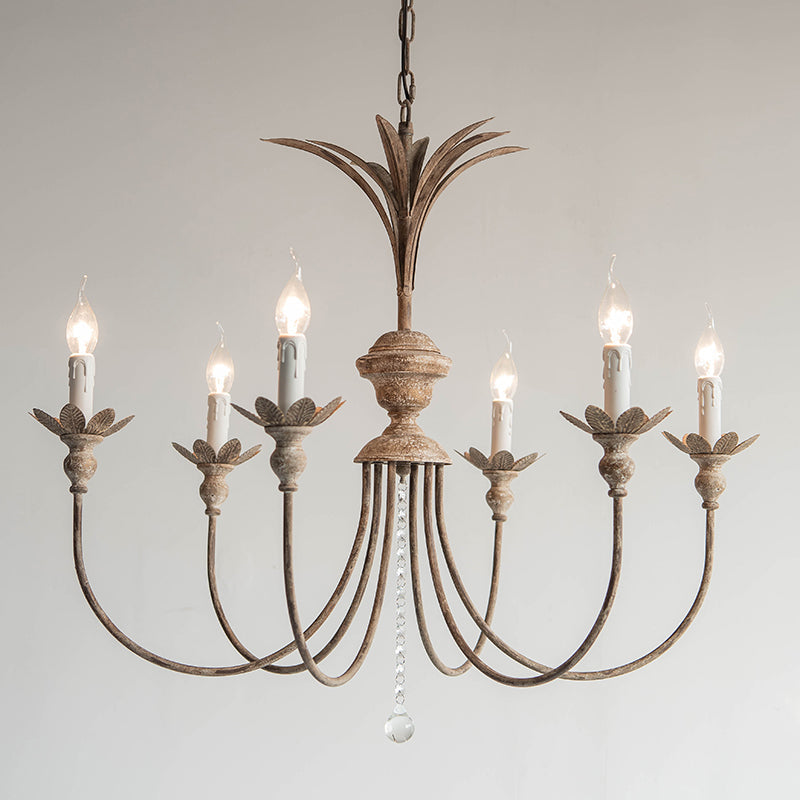 Classic Rustic Iron Chandelier With Crystal Droplets - 6 Bulbs Living Room Ceiling Pendant