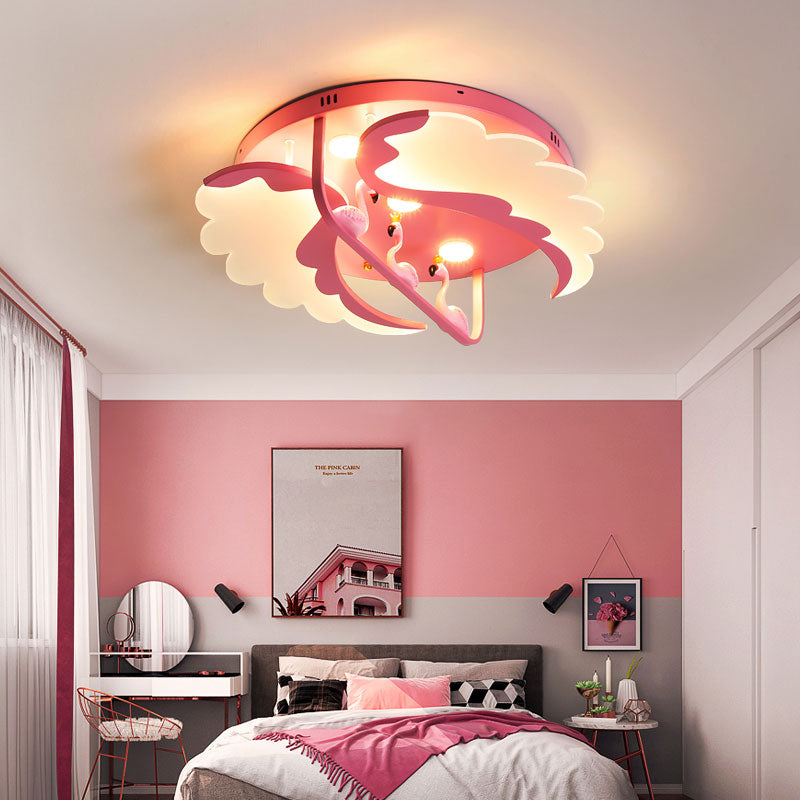 Nordic Wind Wing Ceiling Mount Light - Bird Metal Pink LED Lamp for Girls Room