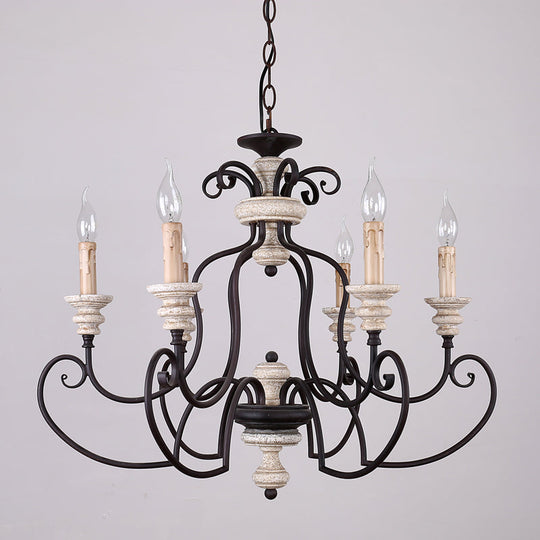 Country Rustic Metal Chandelier With 6 Candle-Style Lights - Scrolled Arms And Ceiling Suspension