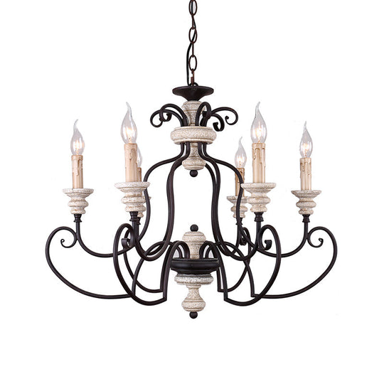 Country Rustic Metal Chandelier With 6 Candle-Style Lights - Scrolled Arms And Ceiling Suspension