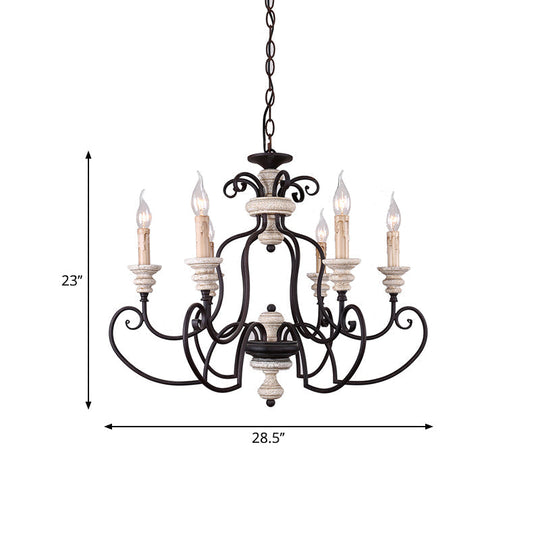 Country Rustic Metal Chandelier With 6 Candle-Style Lights - Scrolled Arms And Ceiling Suspension