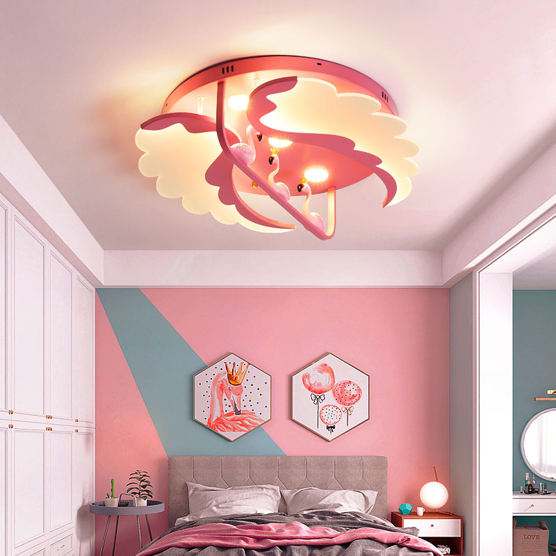 Nordic Wind Wing Ceiling Mount Light - Bird Metal Pink LED Lamp for Girls Room