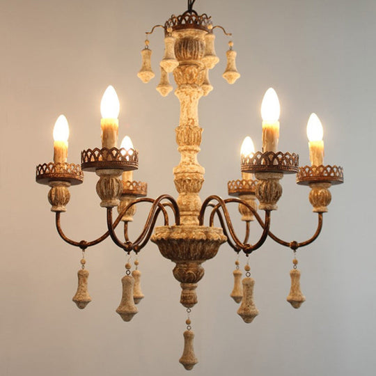 Classic Metal Curvy Arm Chandelier With 6 Bulbs - Distressed Wood Pendant Lamp For Living Room