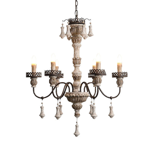 Classic Metal Curvy Arm Chandelier With 6 Bulbs - Distressed Wood Pendant Lamp For Living Room