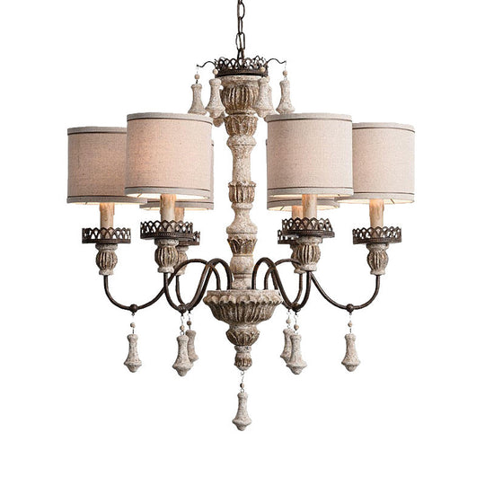 Classic Metal Curvy Arm Chandelier With 6 Bulbs - Distressed Wood Pendant Lamp For Living Room