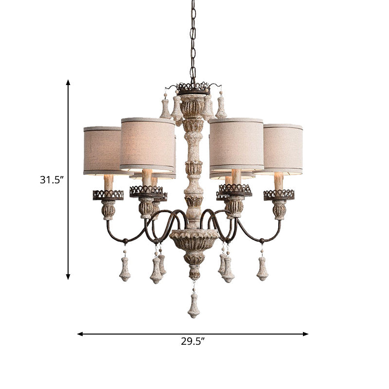 Classic Metal Curvy Arm Chandelier With 6 Bulbs - Distressed Wood Pendant Lamp For Living Room