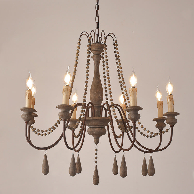 Countryside Distressed Wood Hanging Chandelier With Bead Strand Candelabra Design