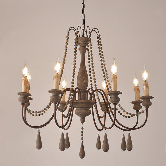 Countryside Distressed Wood Hanging Chandelier With Bead Strand Candelabra Design 8 /