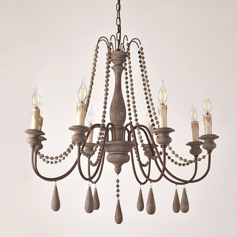 Countryside Distressed Wood Hanging Chandelier With Bead Strand Candelabra Design