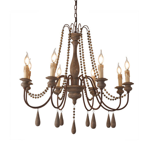 Countryside Distressed Wood Hanging Chandelier With Bead Strand Candelabra Design