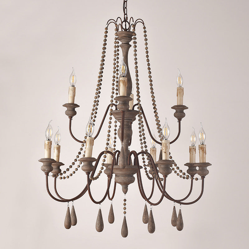 Countryside Distressed Wood Hanging Chandelier With Bead Strand Candelabra Design