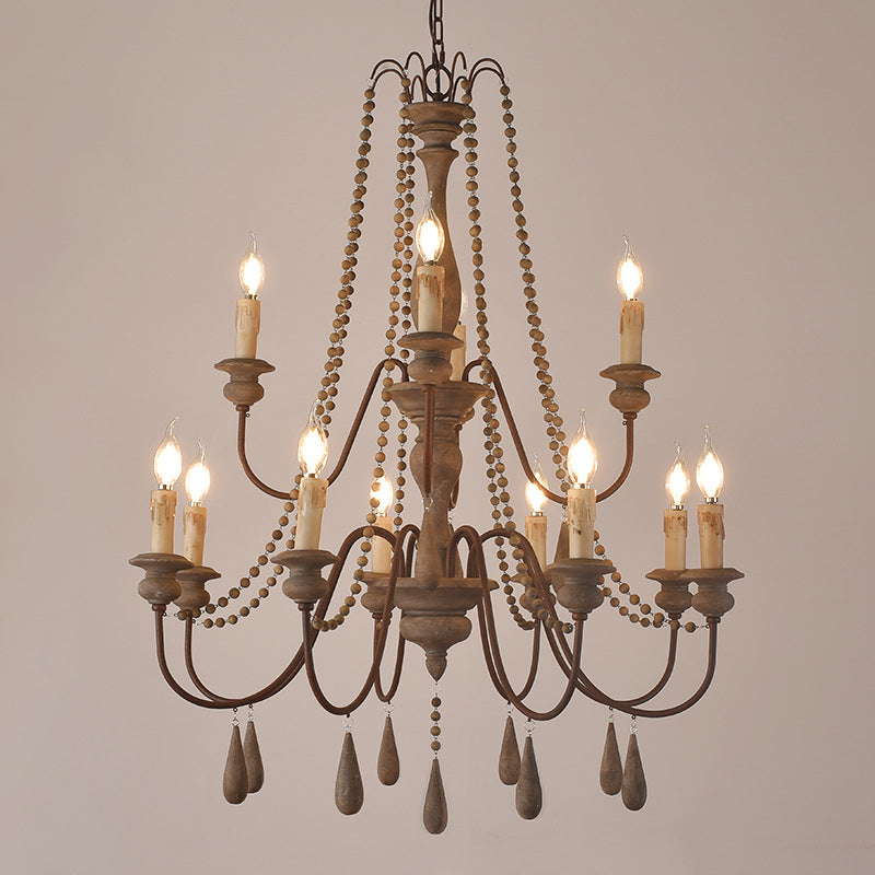 Countryside Distressed Wood Hanging Chandelier With Bead Strand Candelabra Design